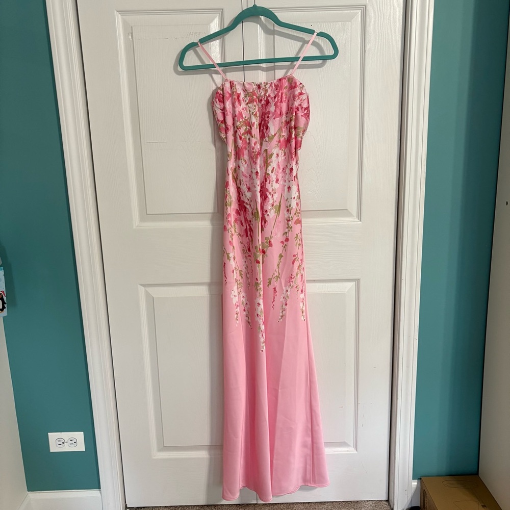 BHLDN Anthropologie Mia Strapless Satin Maxi Dress Pink Floral Gown Sz XS